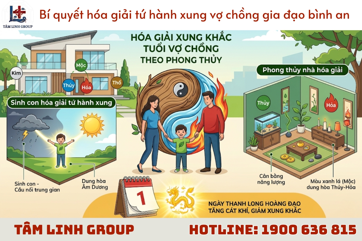 Bí quyết hóa giải tứ hành xung vợ chồng gia đạo bình an 