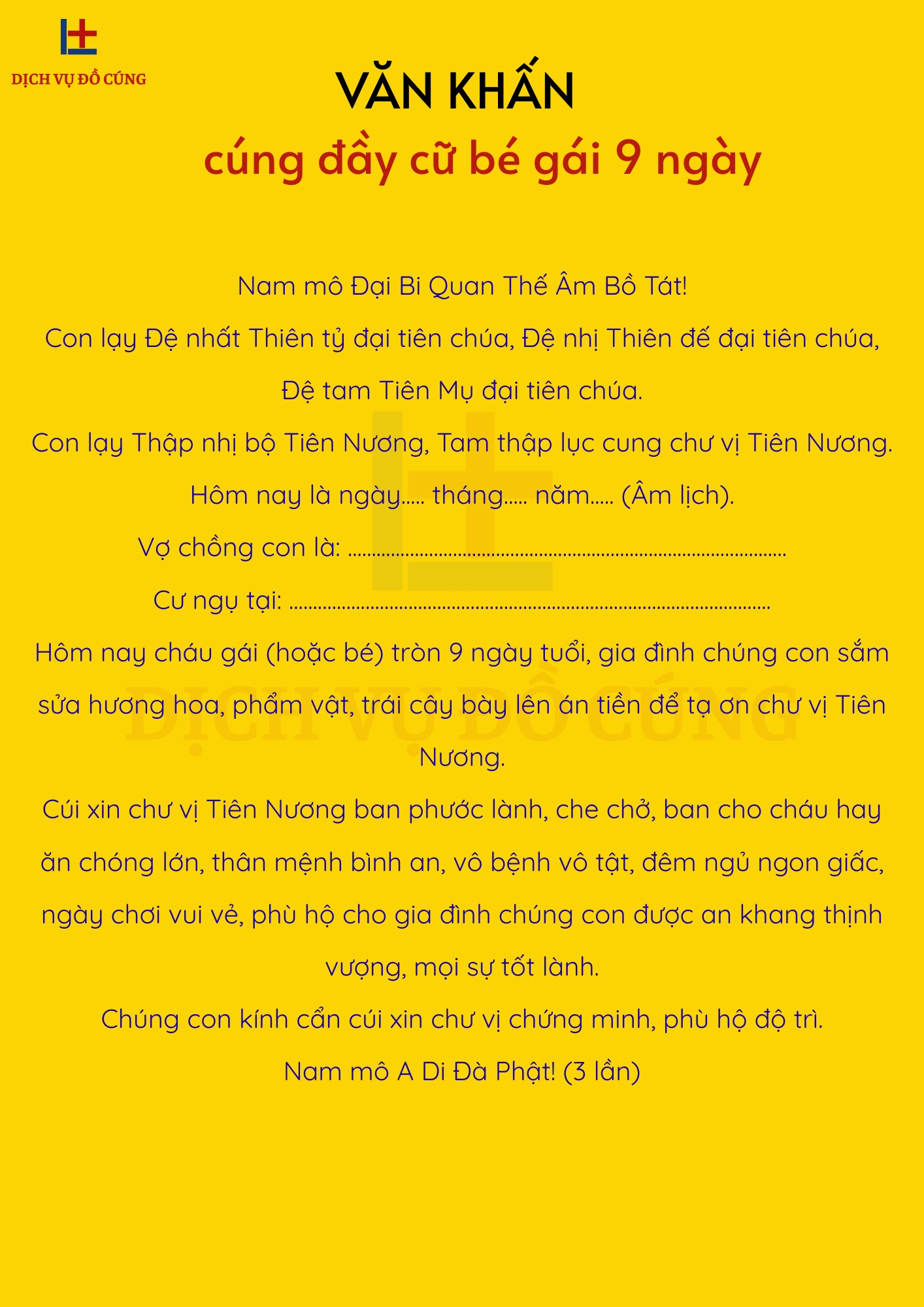 văn khấn cúng đầy cữ (cúng Mụ) bé gái