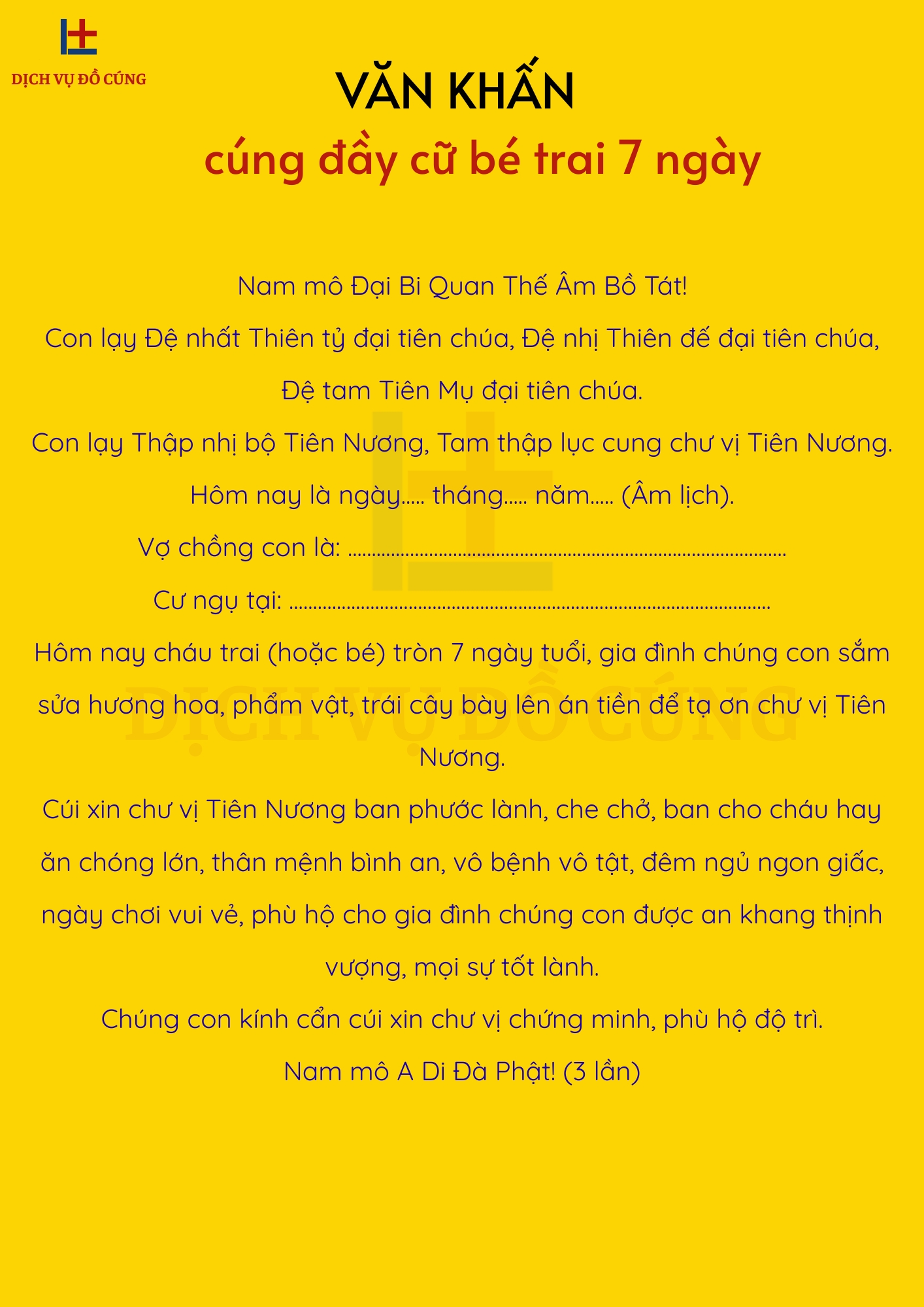văn khấn cúng đầy cữ (cúng Mụ) bé trai